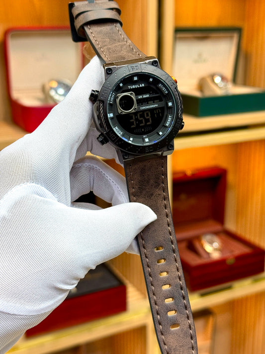 TUBULAR Original Digital Quartz Watch with Leather Strap